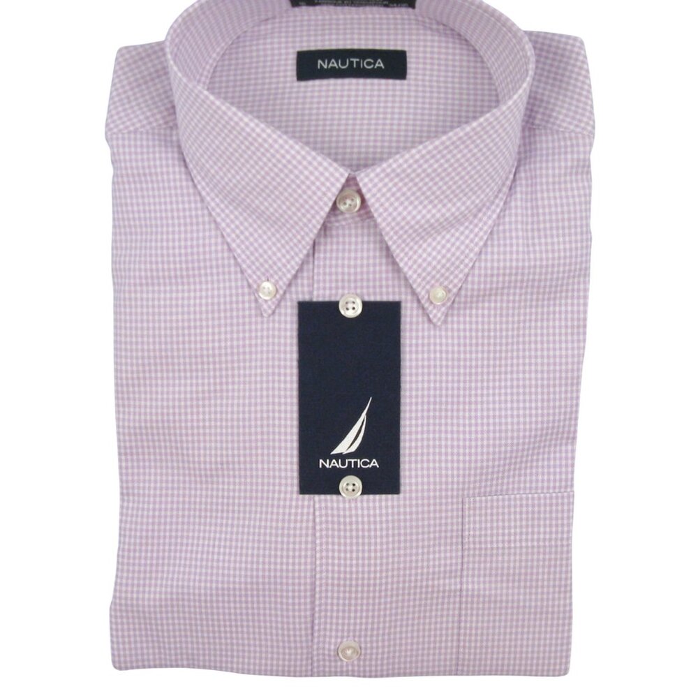 New Nautica Fine Dress Shirt 16 34 35 Large White & Lavender Gingham Long Sleeve